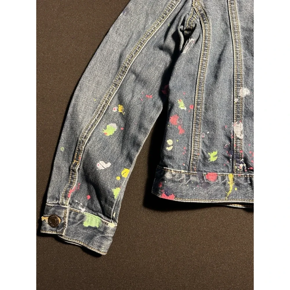 Gap Kids Girls Denim Jacket Paint Splatter Artist Distressed Blue Size M 8/9